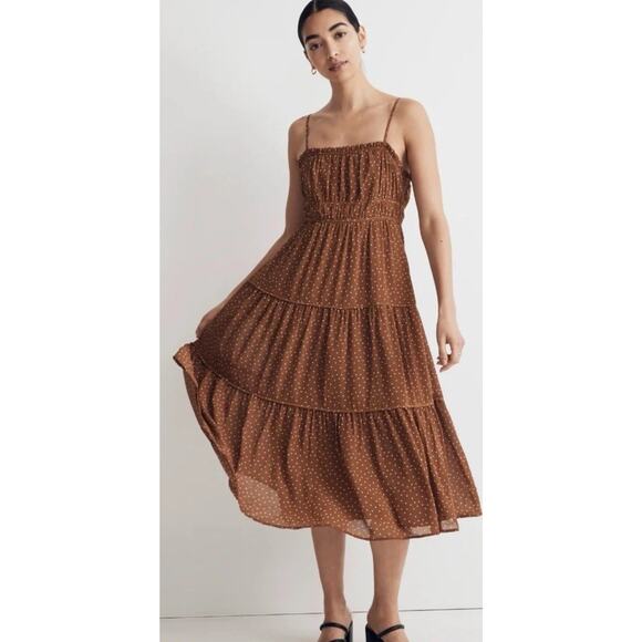 Madewell Size 6 Sophia Cami Tiered Midi Dress in Dot Brown Tie Back Zip *read* - Picture 2 of 15
